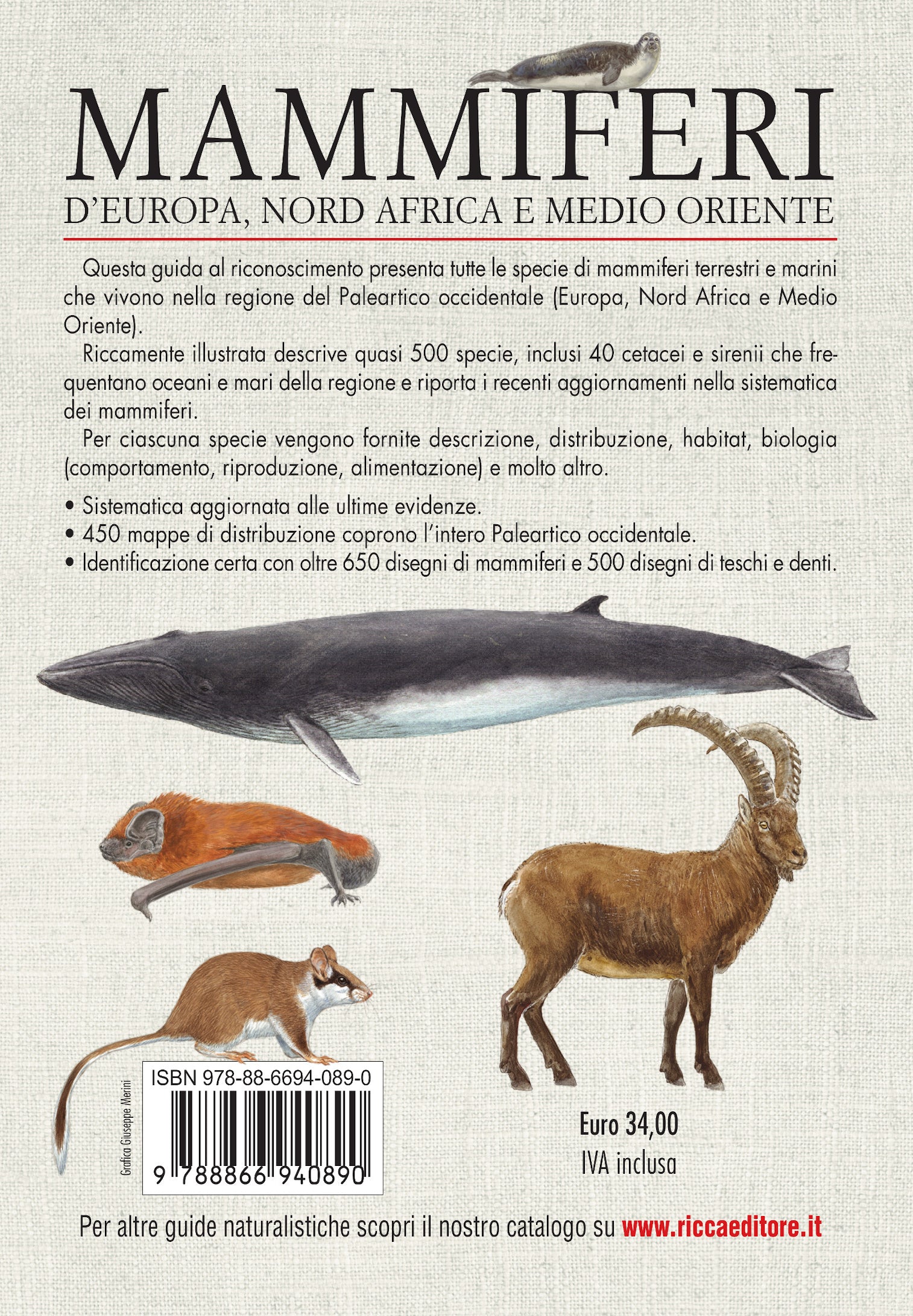 Ricca Editore Mammiferi d'Europa guida 500 specie disegni